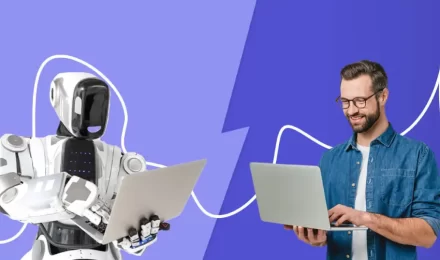 Side-by-side comparison of AI writing tools and human writers, highlighting key features like efficiency, originality, and emotional depth.