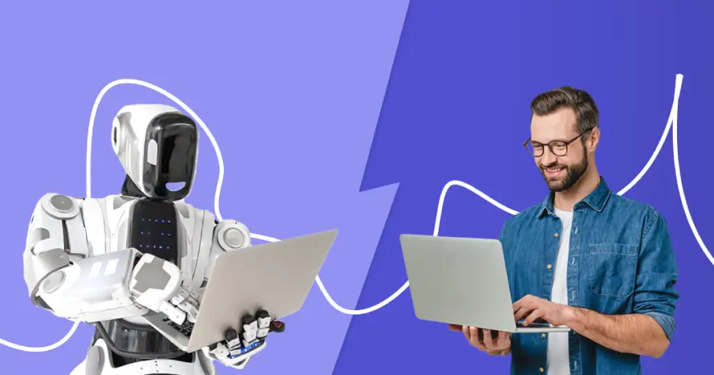 Side-by-side comparison of AI writing tools and human writers, highlighting key features like efficiency, originality, and emotional depth.